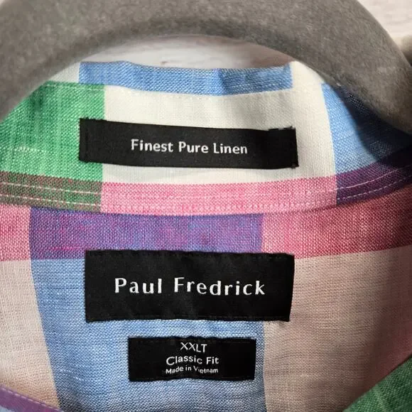Paul Fredrick Pure Linen Classic Button Shirt 2XLT Vibrant Multi Rainbow Check - Picture 3 of 7